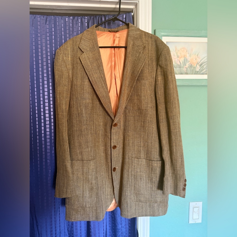 The Territory Ahead 46R Brown Burlap Style Blazer 3 Button Made in USA Vintage